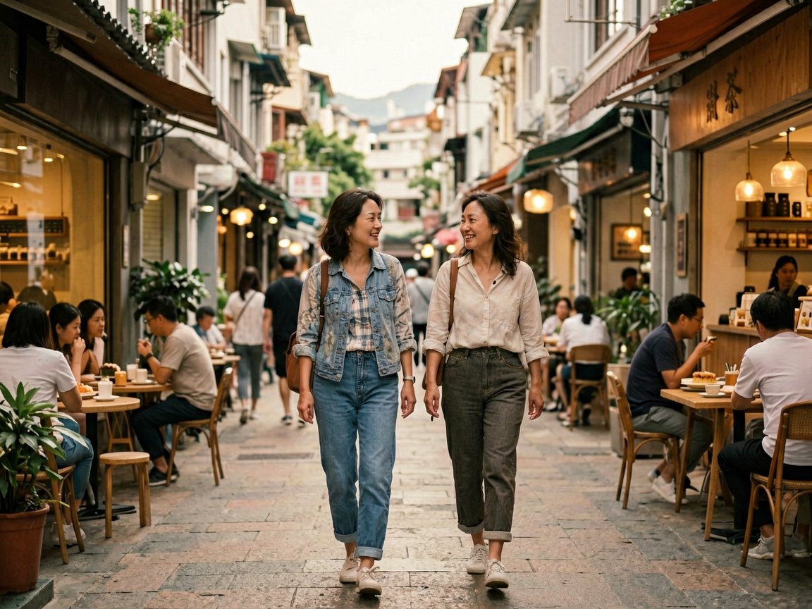 文章中段场景:如果你爸妈喜欢逛街,旺角的女人街、尖沙咀的海港城都在步行范围内。逛累了,附近茶餐厅、甜品店也多,随时可以坐下来歇脚。