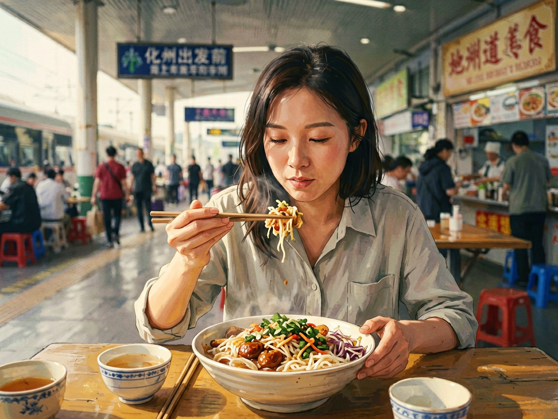 文章中段场景：🍜 化州出发前，先吃顿地道美食再上车候车时间别浪费，化州汽车站周边藏着不少地道美食。推荐三家本地人常去的店：