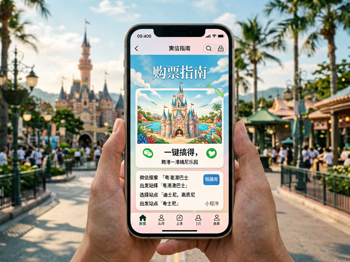文章中段场景：📱 购票指南：微信小程序一键搞定香港迪士尼乐园跨境巴士的购票非常简单：微信搜索「粤港澳巴士」小程序，选择出发站点「迪士尼