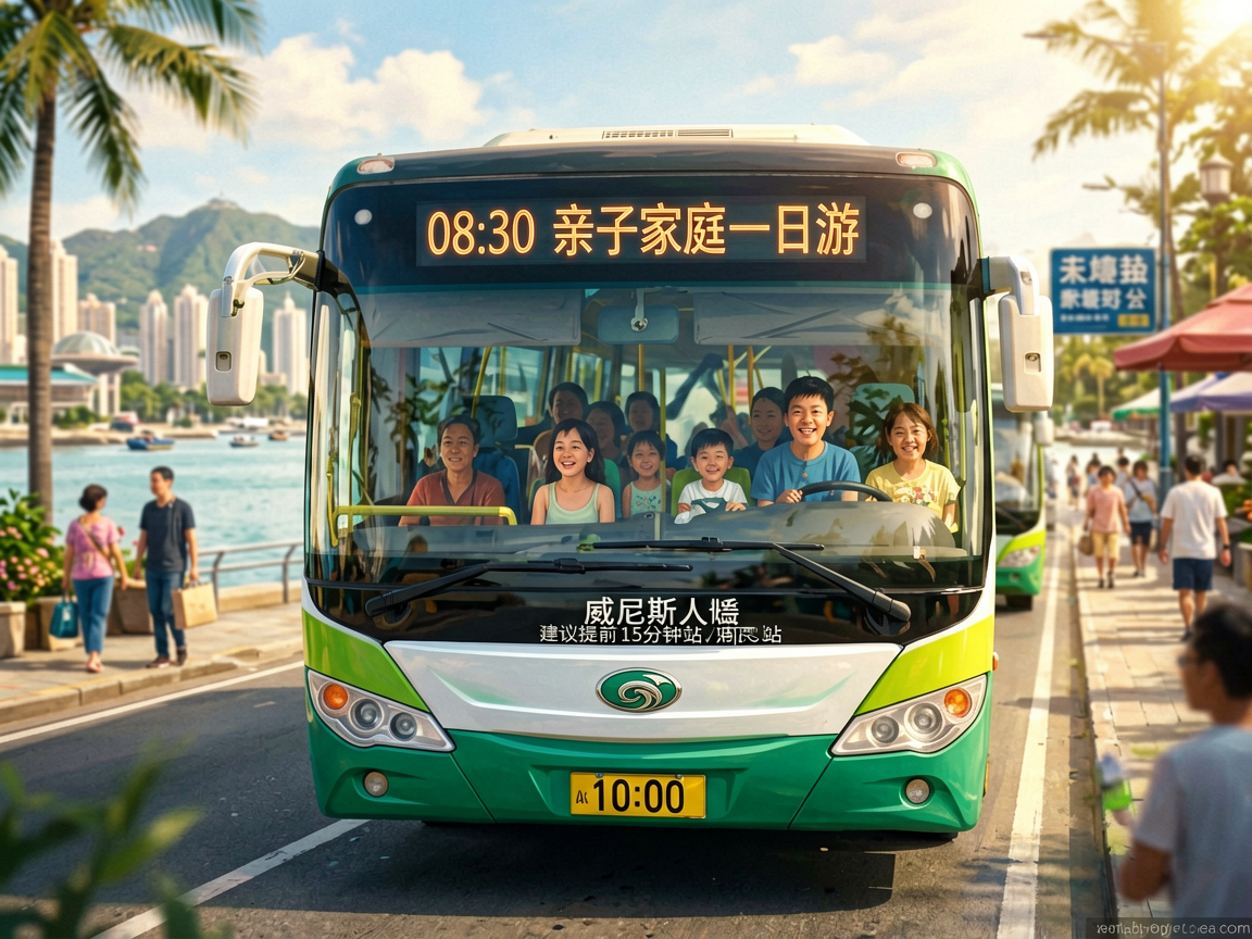 文章中段场景：路线一：亲子家庭一日游（适合带娃）08:30 从威尼斯人出发，乘坐跨境巴士（建议提前15分钟到站）10:00 抵达尖沙咀