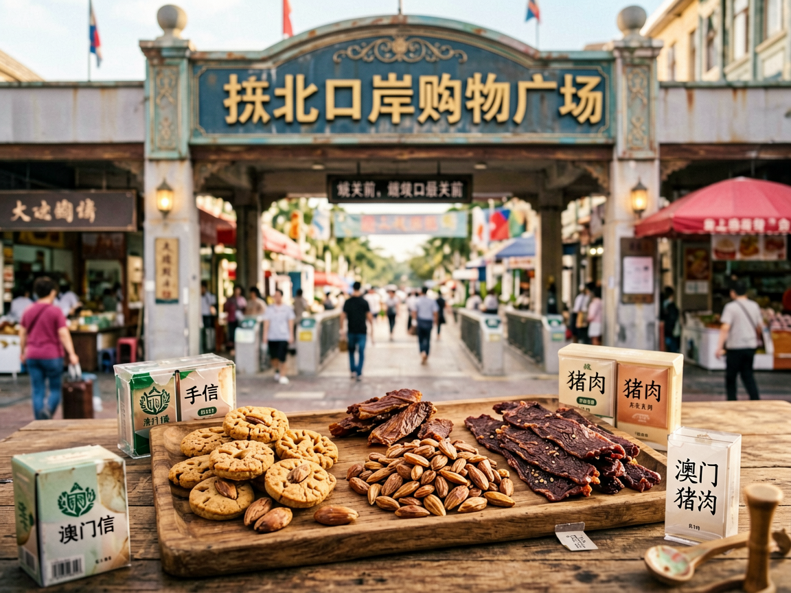 文章中段场景：🛍️ 過關前最后一站：拱北口岸购物广场拱北口岸购物广场就在上車点旁边，是過關前的最后一站。澳门手信（杏仁饼、猪肉干）、药