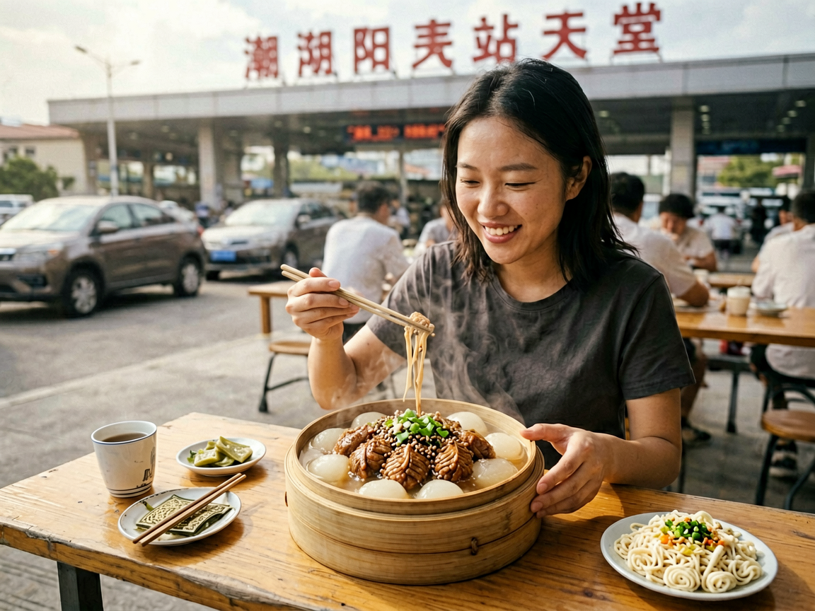 文章中段场景：🍜 潮阳汽车站周边：出发前的美食与补给候车时间别浪费，潮阳汽车总站周边就是美食天堂。出发前吃一份地道的潮阳鲎粿（人均10