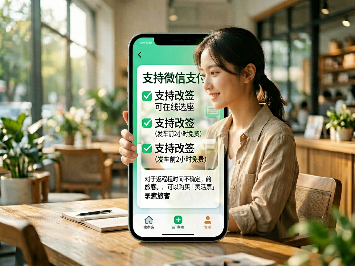 文章中段场景:小程序的优势在于:支持微信支付、可在线选座、支持改签(发车前2小时免费)。对于返程时间不确定的旅客,可以购买「灵活票」,