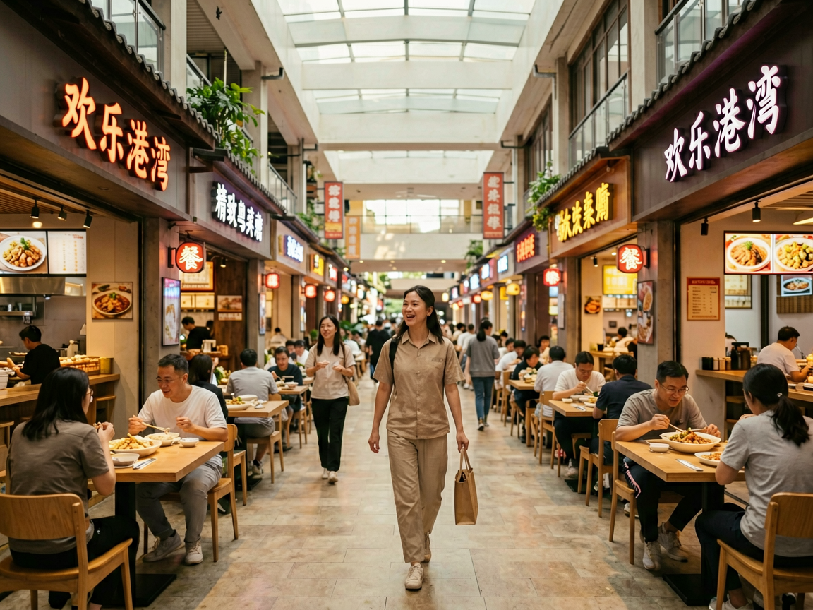 文章中段场景：餐饮方面，欢乐港湾商业街内有各类餐厅，从快餐到精致粤菜都有。如果时间充裕，步行10分钟可到壹方城购物中心，那里有更多餐饮