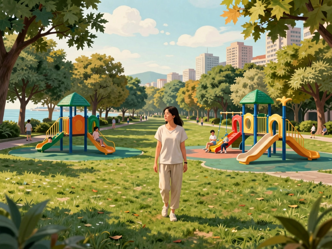 文章中段场景：🌳 女娲公园紧邻海边的城市公园，有大片草坪和儿童游乐设施，带娃家庭可以提前来放电。