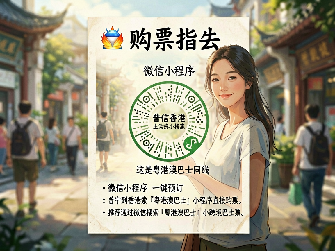 文章中段场景：🎫 购票指南：微信小程序一键预订普宁到香港的跨境巴士票，推荐通过微信搜索「粤港澳巴士」小程序直接购票。这是粤港澳巴士同线
