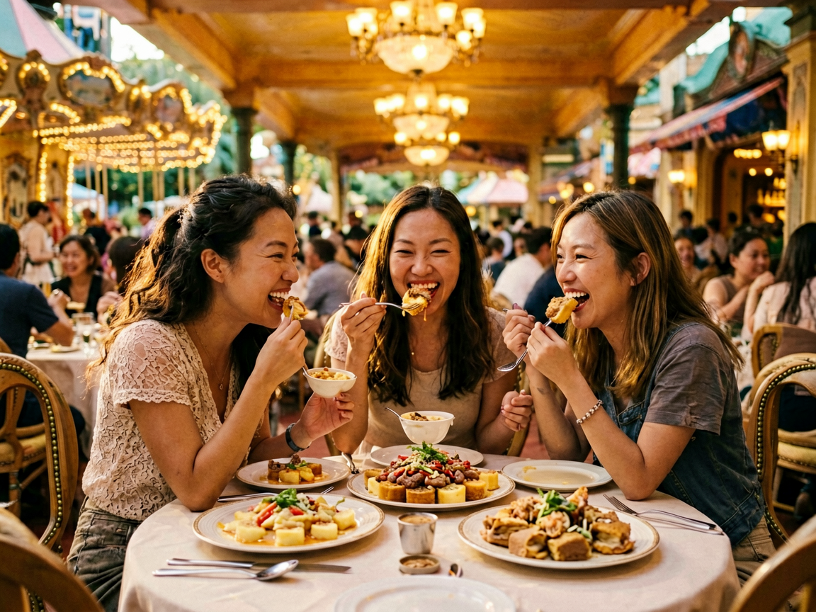 文章中段场景：玩得尽兴，吃吃喝喝别错过既然来了迪士尼，玩和吃都不能将就。乐园里的皇室宴会厅有西式套餐，人均80-150元，环境好适合拍