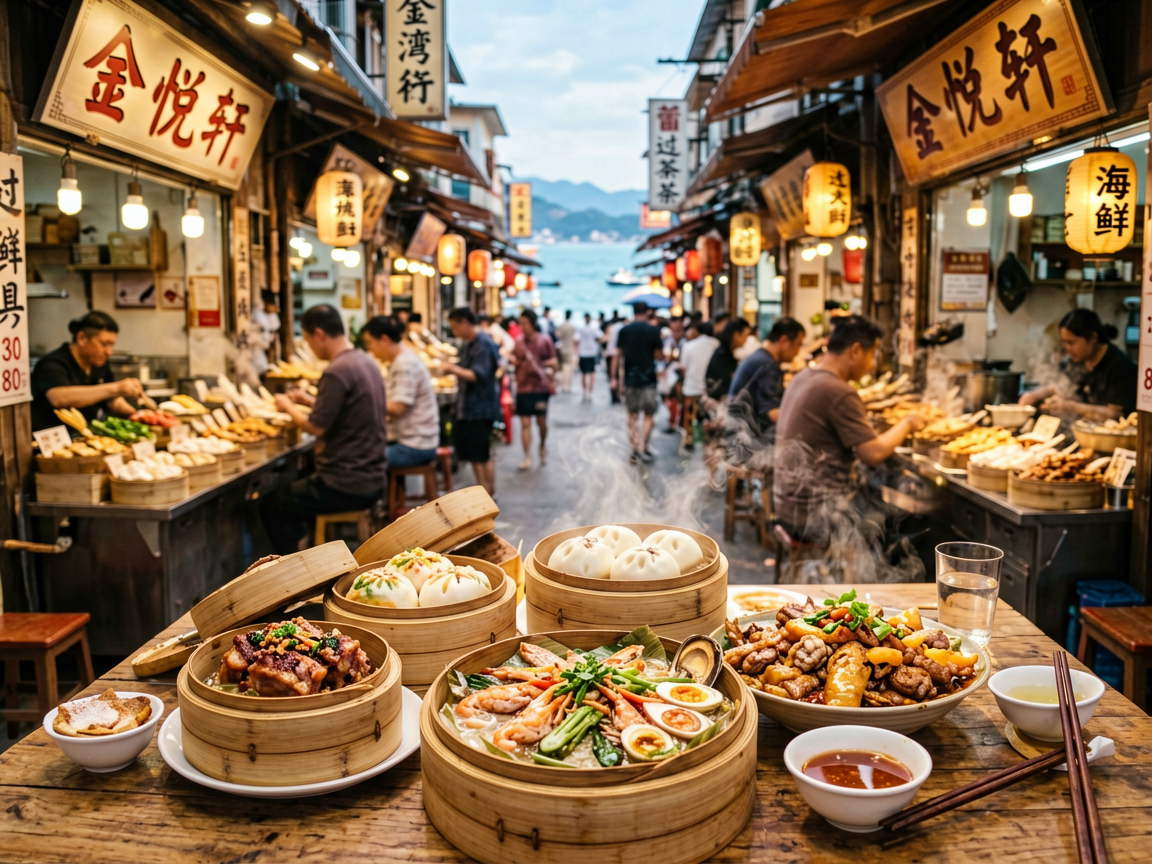 文章中段场景：海湾食街：人均30-80元，葡挞、猪扒包、海鲜粥都地道，过关前先垫垫肚子。金悦轩：人均150-300元，粤式早茶和海鲜是