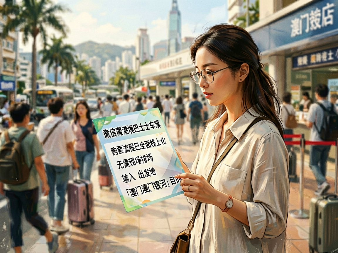 文章中段场景：如何购买澳门跨境巴士车票？购票流程已全面线上化，无需现场排队。微信搜索「粤港澳巴士」小程序，输入出发地「澳门银河」和目的
