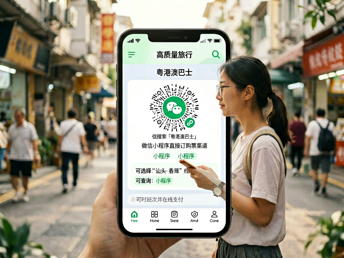 文章中段场景：购票与出行提示：微信小程序直接订购票渠道：微信搜索「粤港澳巴士」小程序，选择“汕头-香港”线路，可查询实时班次并在线支付