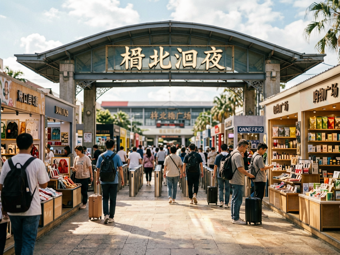文章中段场景:🛍️ 拱北口岸购物广场:过关前最后一站拱北口岸购物广场就在口岸旁边,是过关前的最后一站。这里汇聚了澳门手信、化妆品、药品