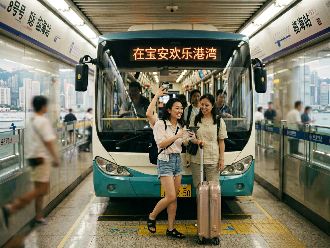 文章开篇场景：周末想带家人去香港，却总被换乘折腾得没了兴致？深圳跨境巴士在宝安欢乐港湾新增了直达香港的上车点，从地铁5号线临海站出站步