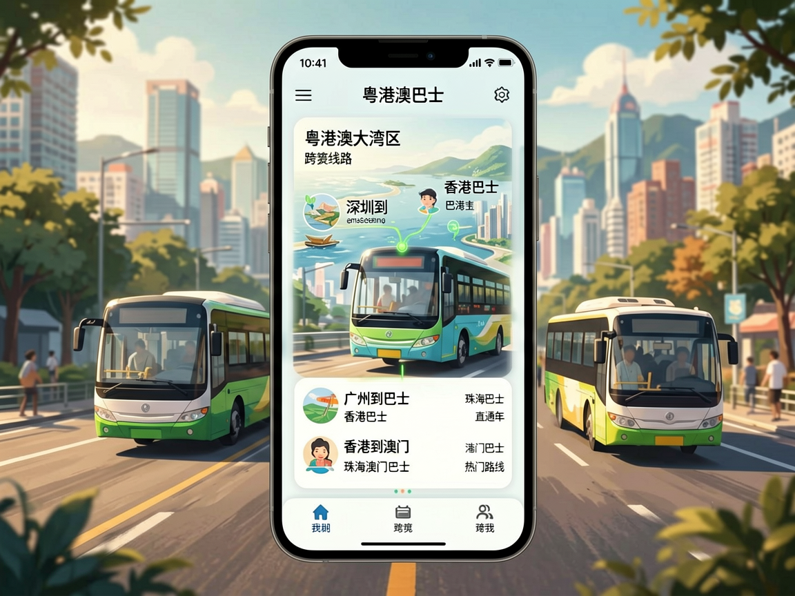 文章中段场景：「粤港澳巴士」小程序覆盖粤港澳大湾区主要跨境线路，包括深圳到香港巴士、广州到香港直通车、珠海到澳门巴士等热门路线，跨境巴