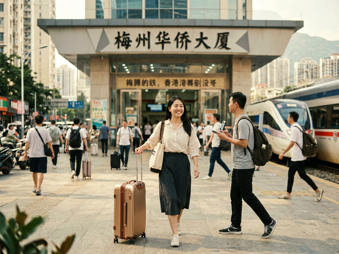 文章开篇场景：很多人第一次从梅州去香港，第一反应是坐高铁到深圳再转地铁，折腾下来大半天就没了。实际上，梅州华侨大厦门口就有直达香港的跨